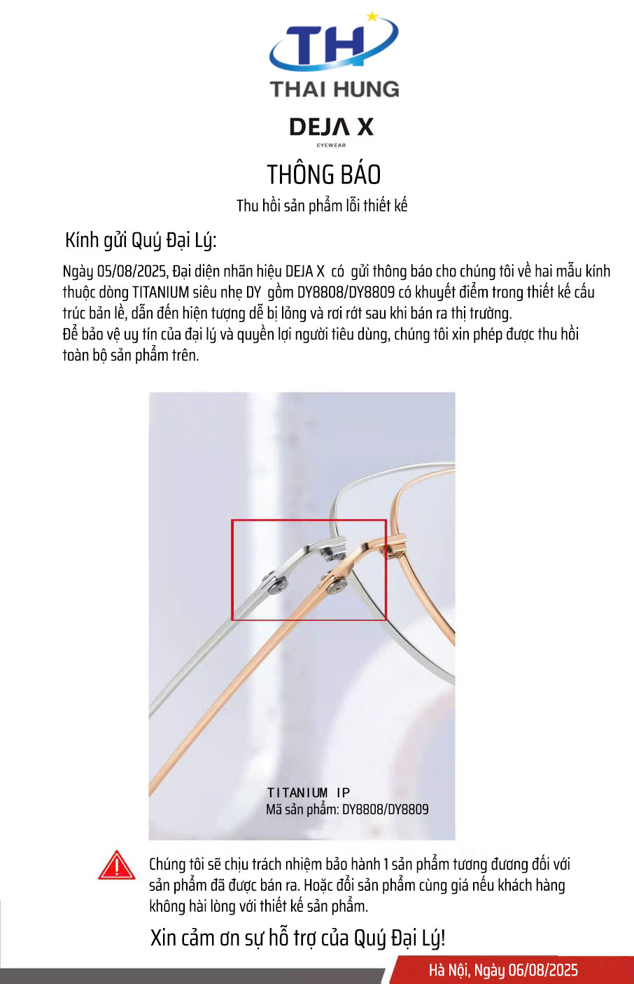 Thu hồi sản phẩm lỗi thiết kế: Thông báo chính thức từ Thái Hưng Optic về gọng kính Dejax