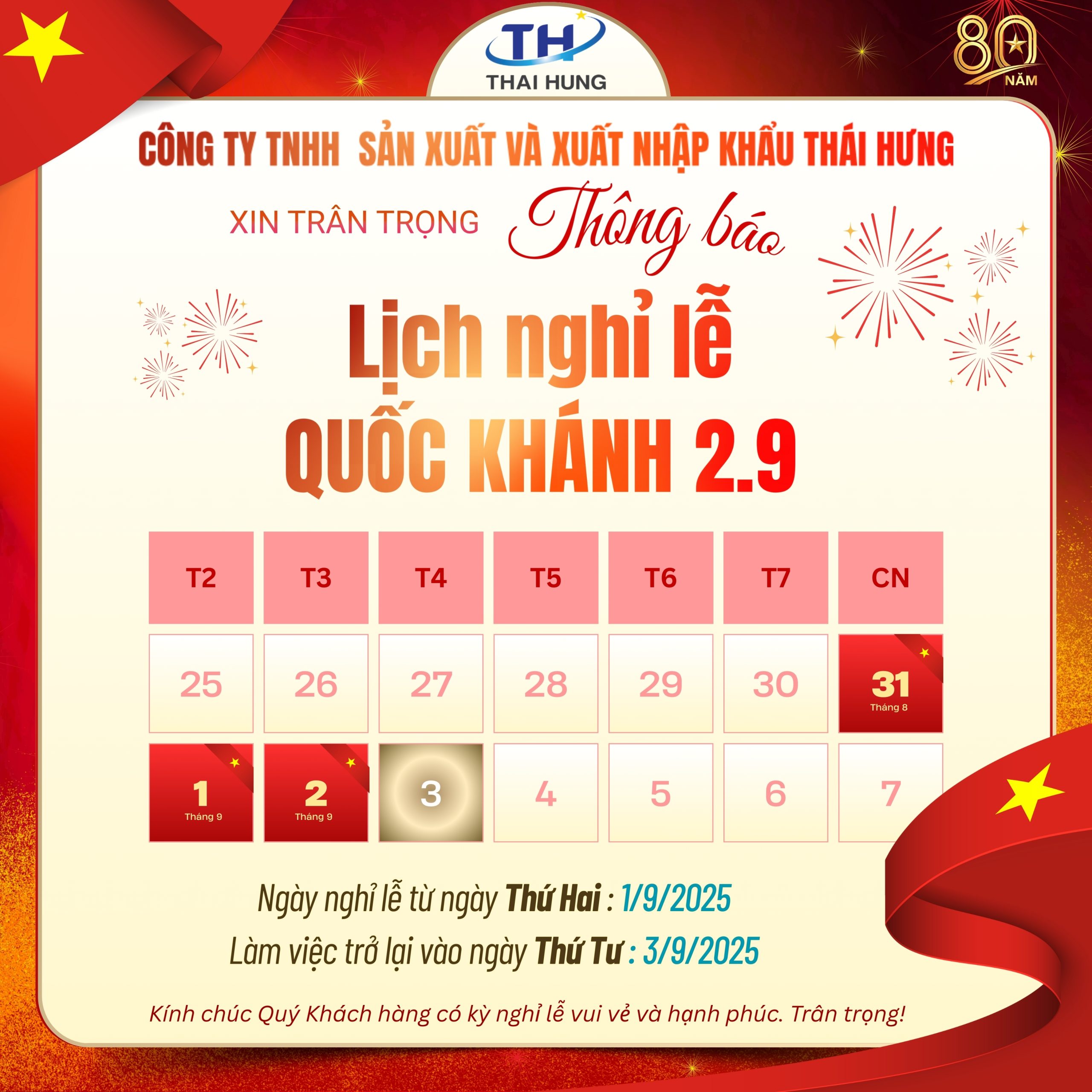 THÁI HƯNG OPTIC THÔNG BÁO: Lịch nghỉ lễ Quốc khánh 02/9/2025