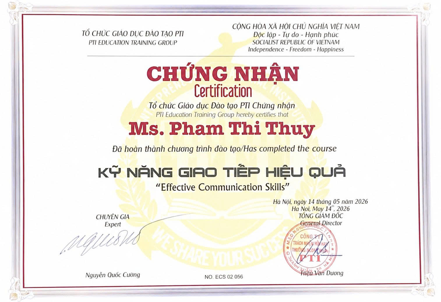 Giấy chứng nhận khóa Kỹ năng giao tiếp hiệu quả của Phạm Thị Thủy