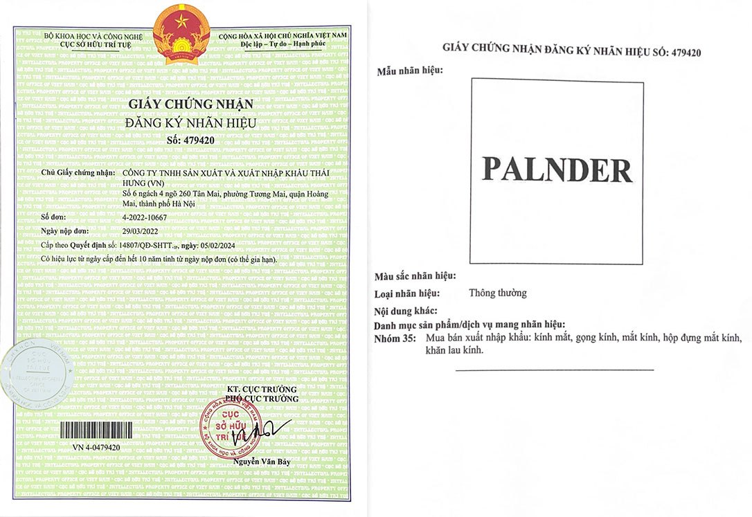 Giấy chứng nhận đăng ký nhãn hiệu PALNDER
