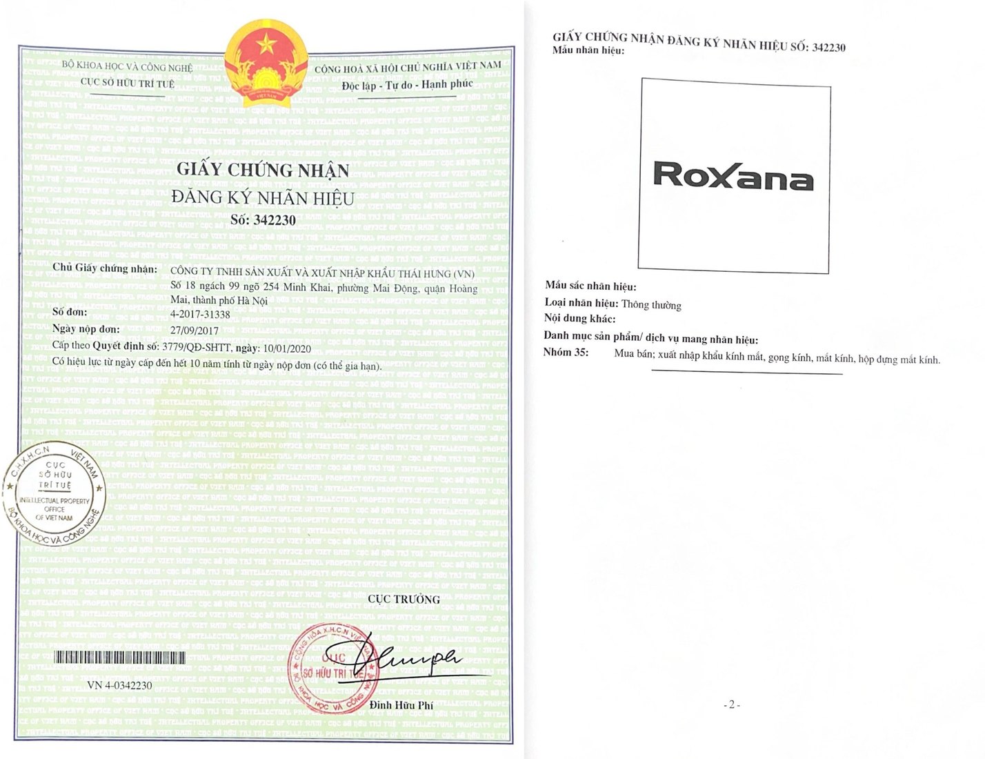 Giấy chứng nhận đăng ký nhãn hiệu ROXANA