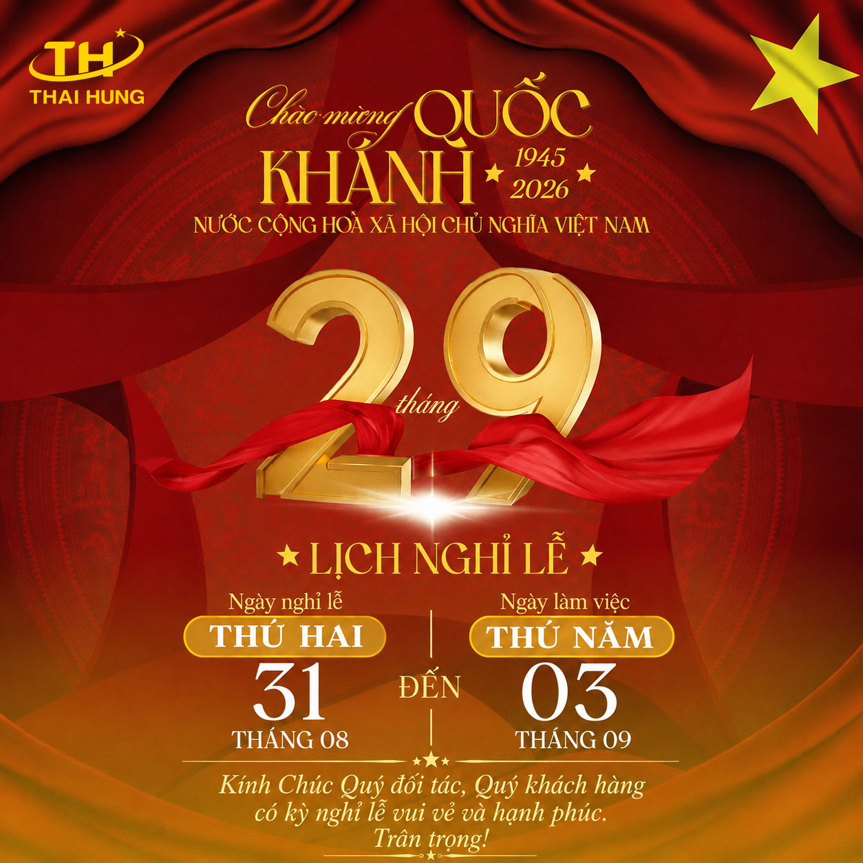 THÔNG BÁO LỊCH NGHỈ LỄ QUỐC KHÁNH 2/9 NĂM 2026