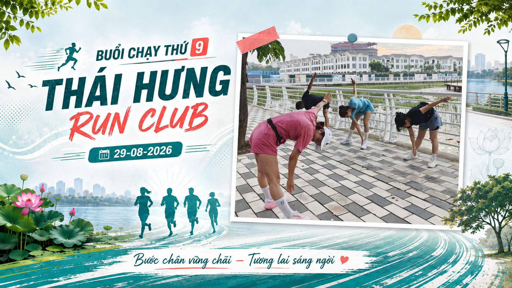 Các thành viên Thái Hưng Run Club thực hiện động tác khởi động dưới hàng cây ven hồ.